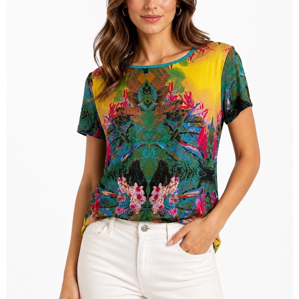 Monte Milano Floral Kaleidoscopic Print Stretch Blouse Art to Wear Vibrant Large